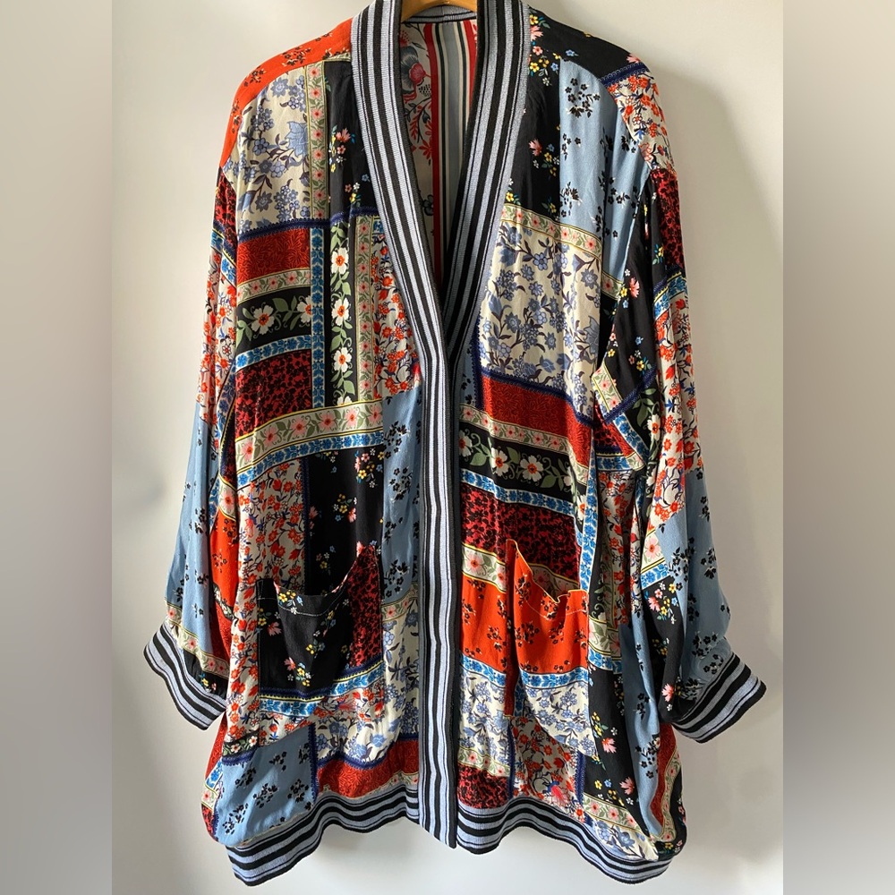 Johnny Was Reversible Silk Kimono Jacket – Floral & Patchwork Print Large